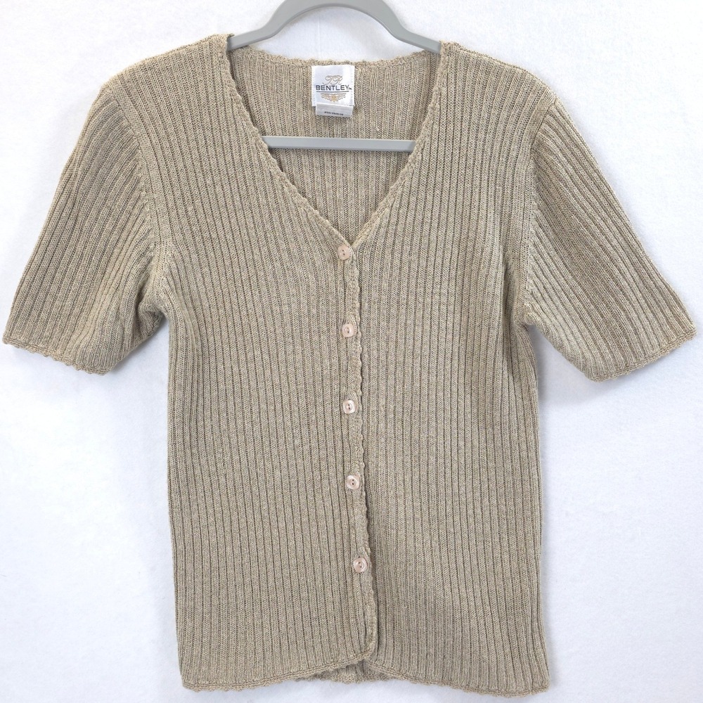 Cardigan Sweater Silk Blend Ribbed Button V Neck Tan Women M Quiet Luxury